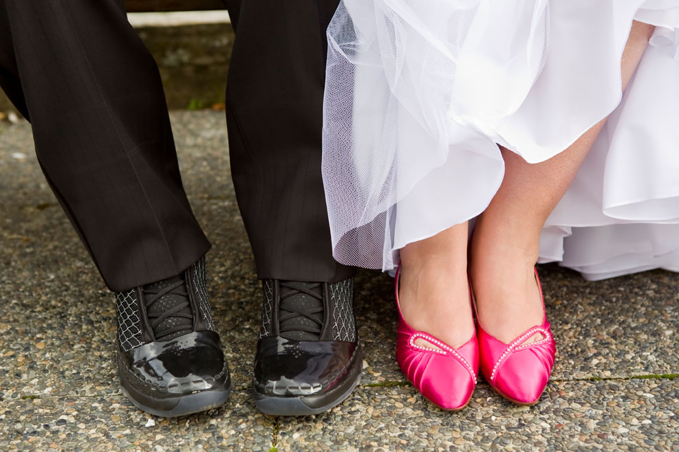 couple's quirky wedding shoes at SFU wedding in Vancouver