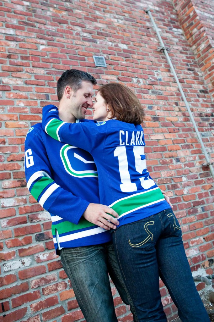 engagement photos, engagement, vancouver, canucks, brick, urban