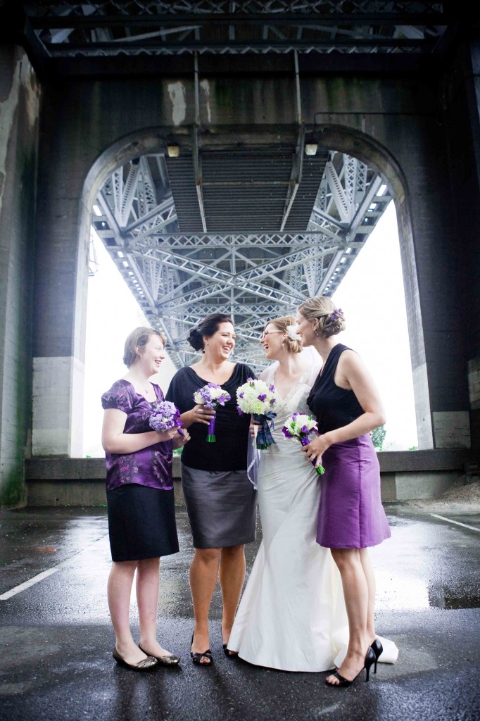 bridal party, bridesmaids, wedding photos, vancouver, bridge, urban, wink photography, wedding photography, flower factory, bouquets