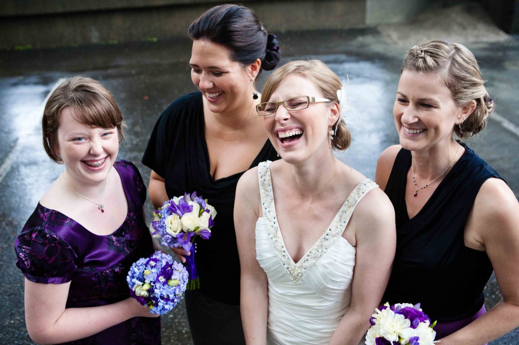 bridal party, bridesmaids, fun, candid, vancouver, urban, wedding photography, wedding photos, flower factory, bouquets