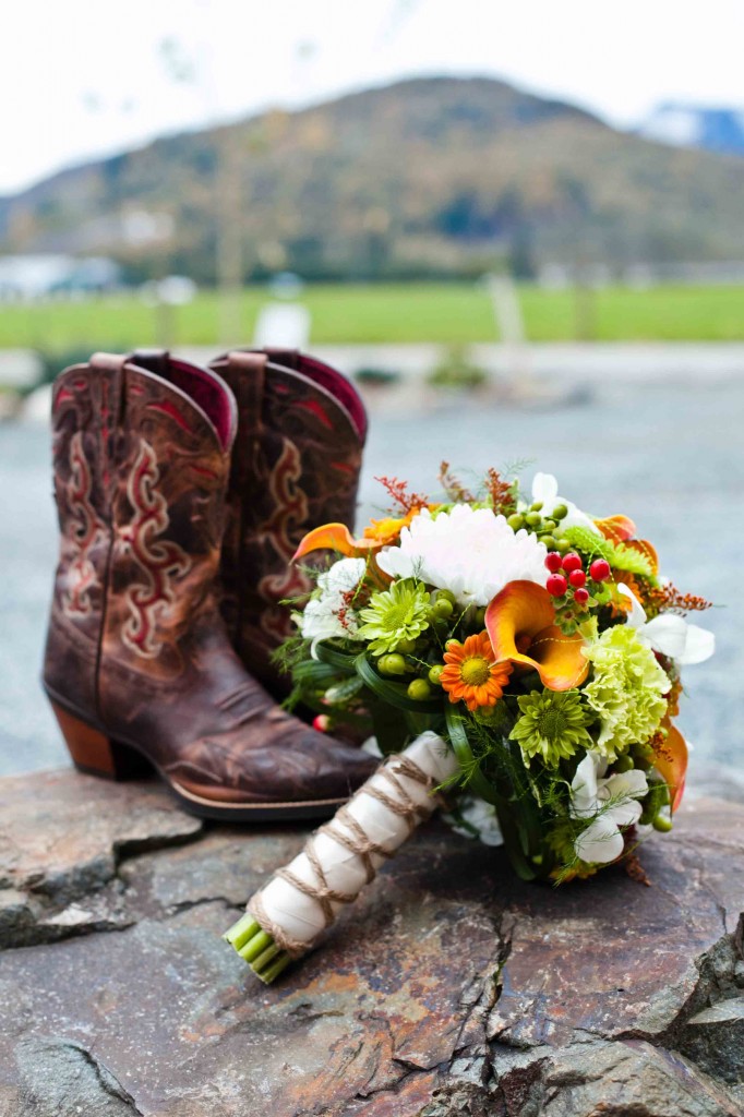 fraser valley fishing lodge wedding, flowers, shoes, boots