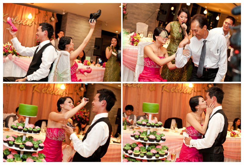 wedding reception, shoe game, blindfold, cake cutting, cupcakes, reception, kirin restaurant, richmond, seafood