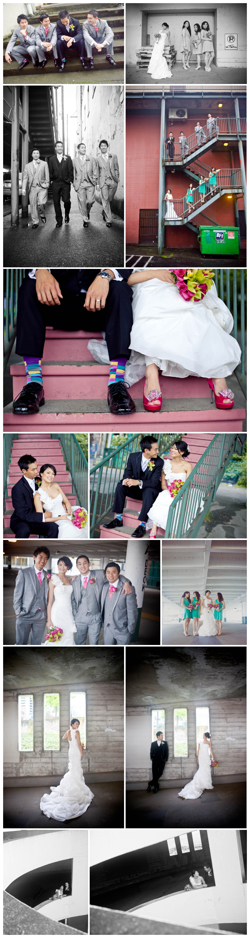 wedding photos, wedding photography, new west, new westminister, parkade, alley, stairs, wedding party, bridesmaids, groomsmen, pink shoes, striped socks, colour, urban, bouquet, hip, jayna marie, hair, makeup 