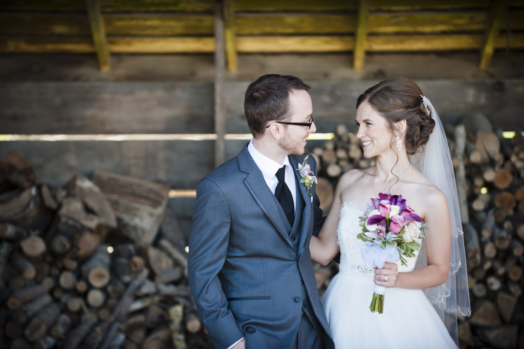 bride and groom, rustic barn portrait, saar bank farms wedding