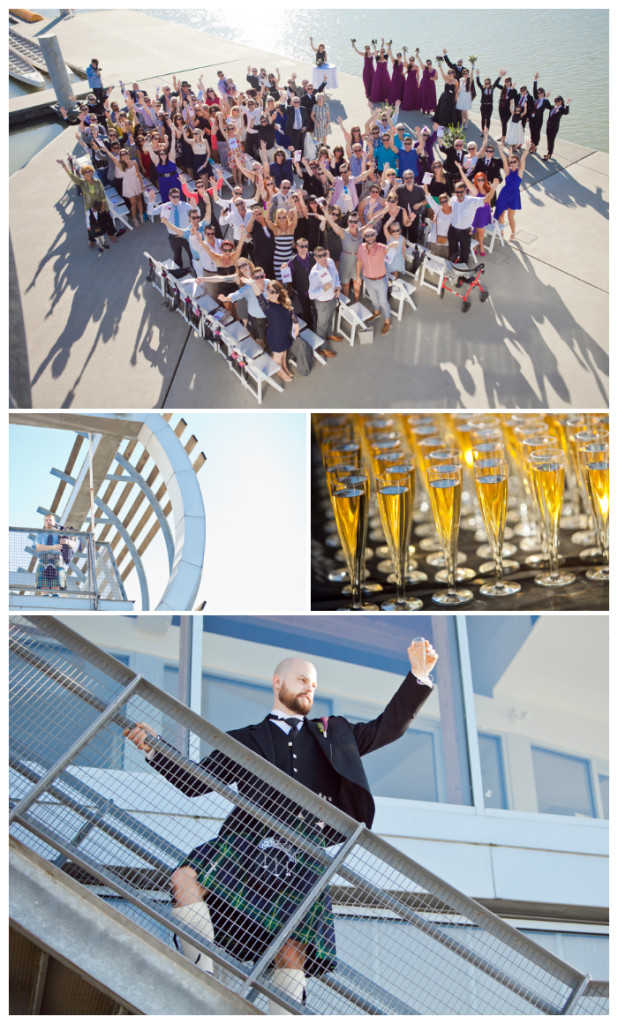 group shot wedding celebration at UBC boathouse with champagne toast