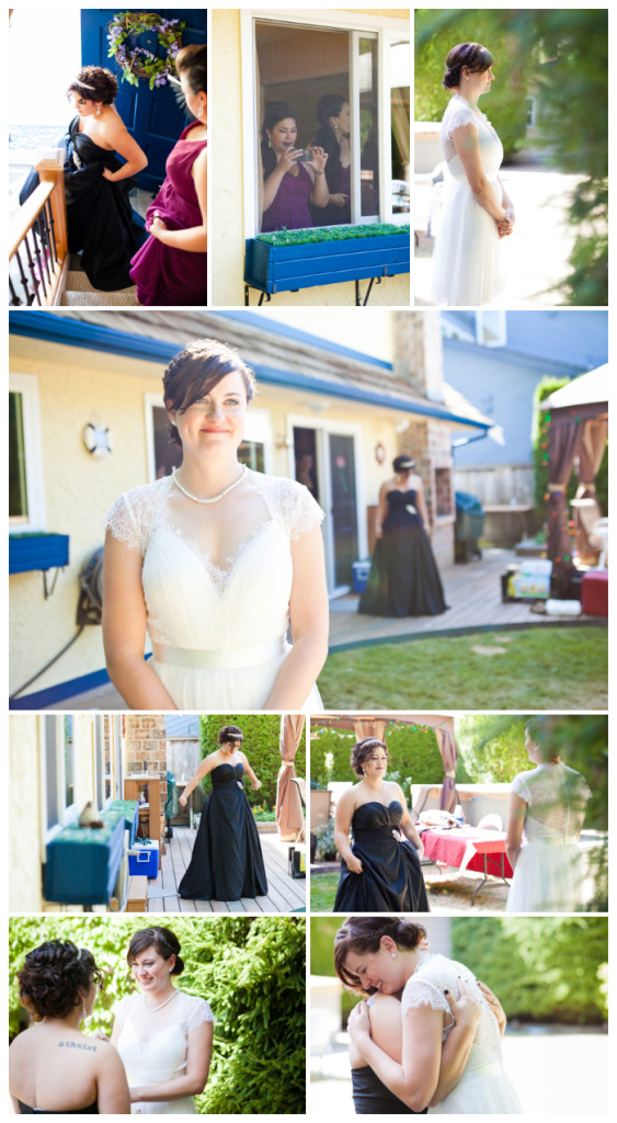 first look backyard lesbian wedding