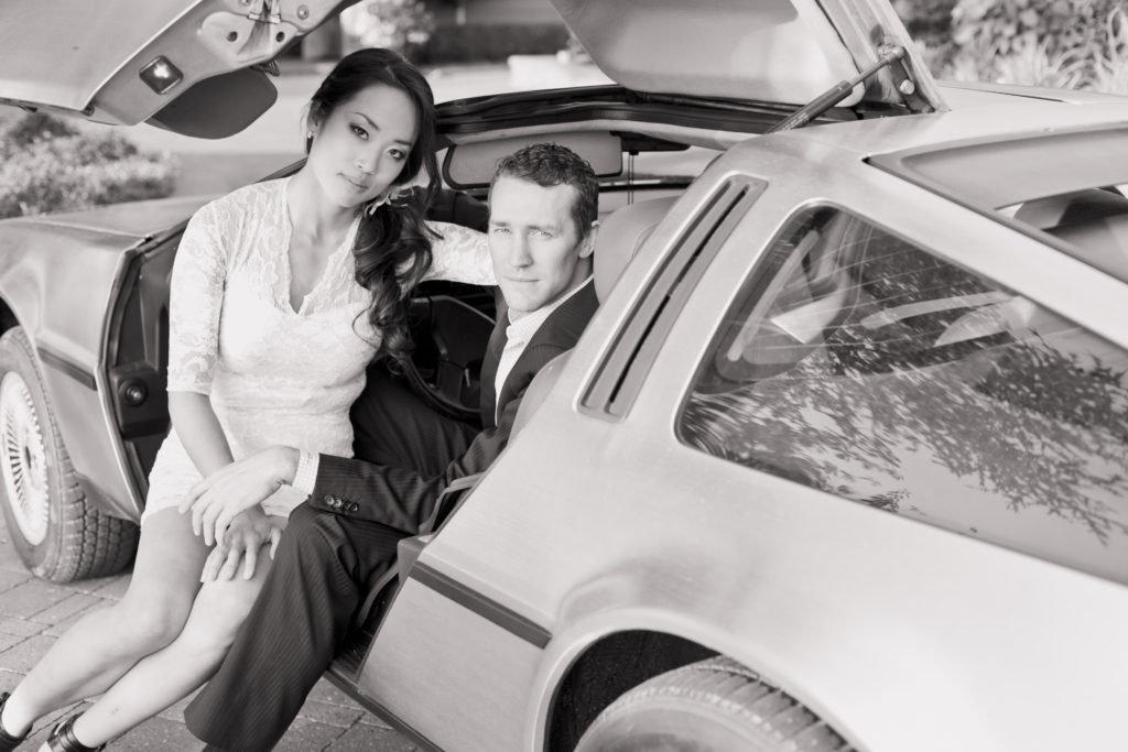 engagement session with vintage cars delorean