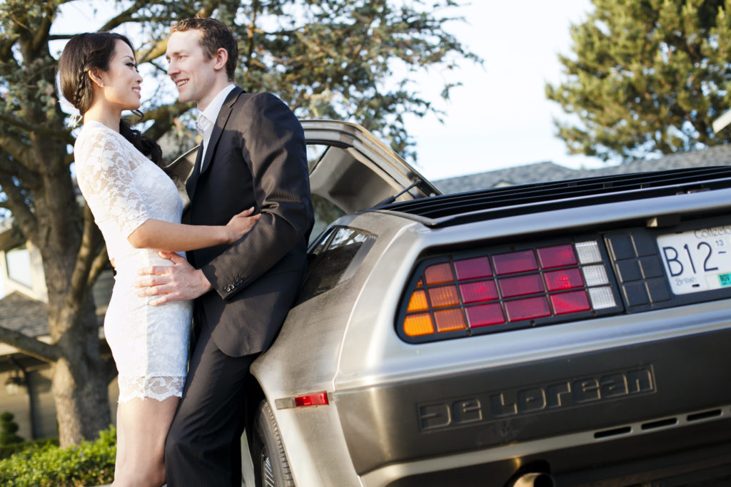 fraser valley engagement session with vintage cars delorean