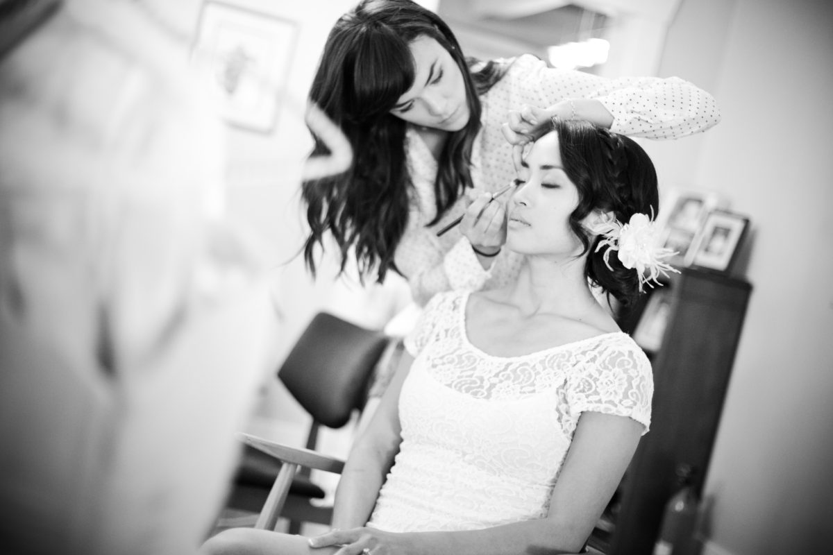 bride getting makeup done, makeup by rae
