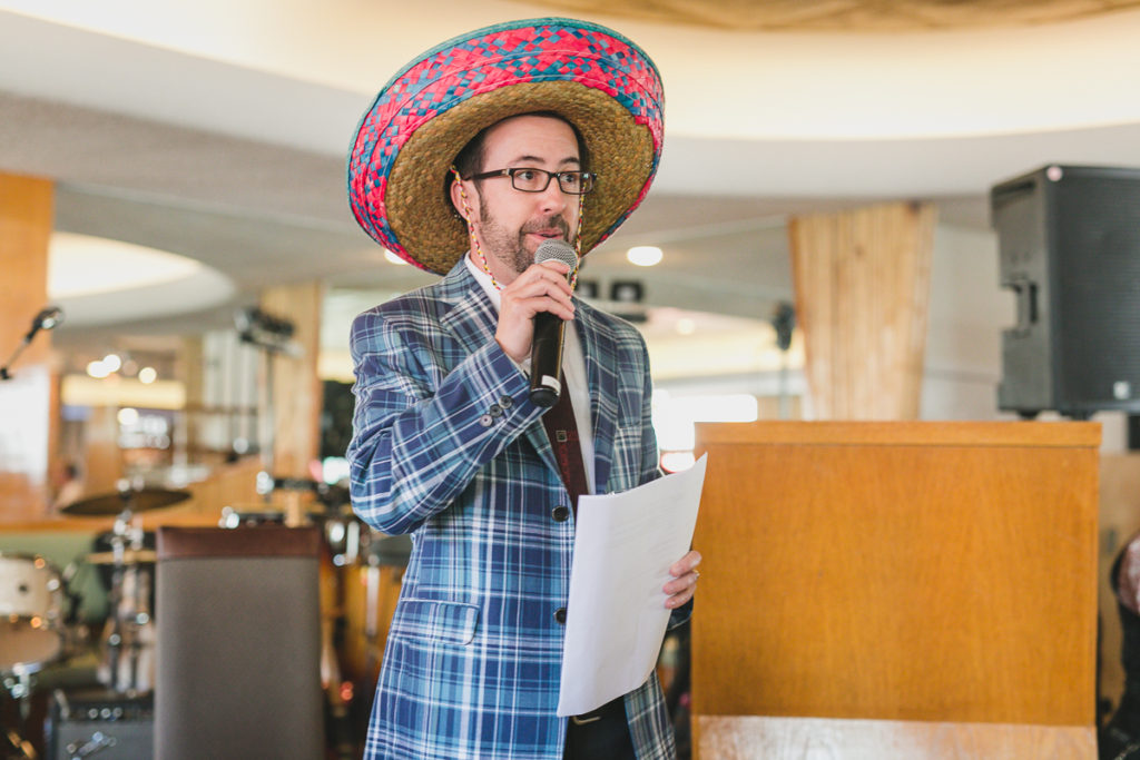 wedding mc wearing sombrero