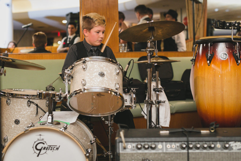 playing drums at wedding, rock n roll bride