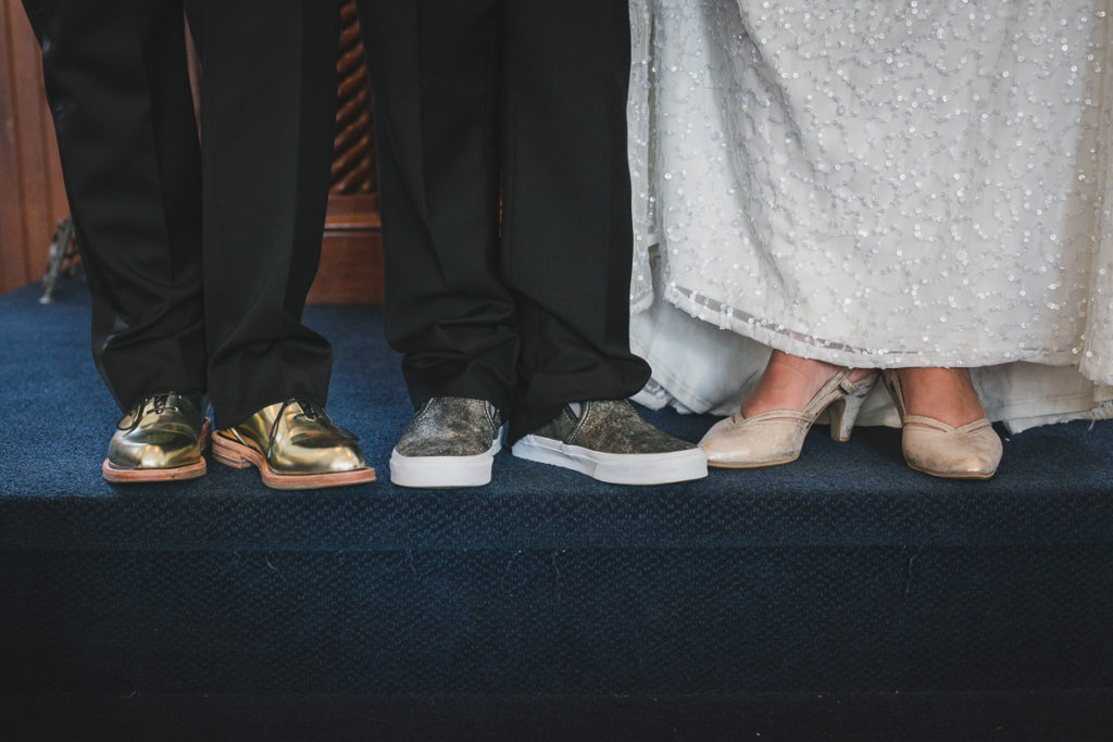 family photos after wedding ceremony, gold wedding shoes