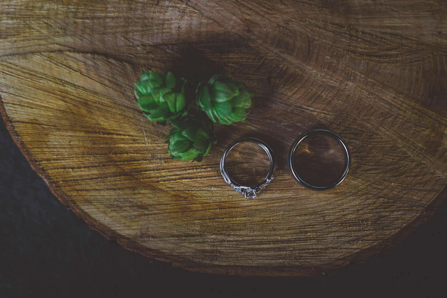 moody wedding ring shot with hops