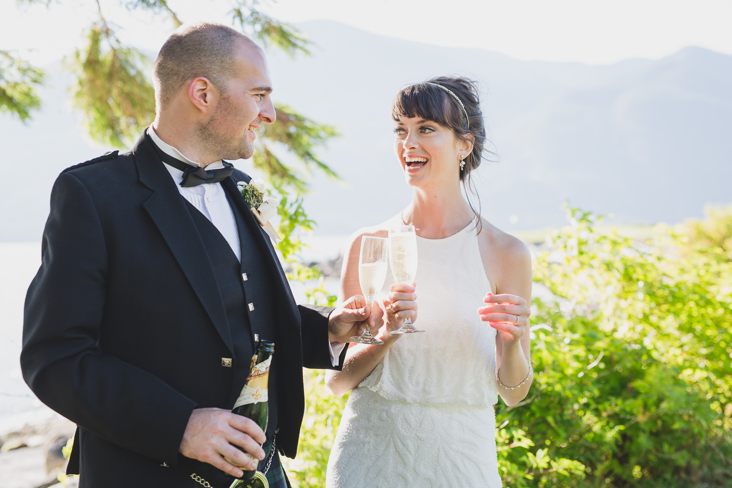 bride and groom with champagne in Squamish, documentary wedding photography