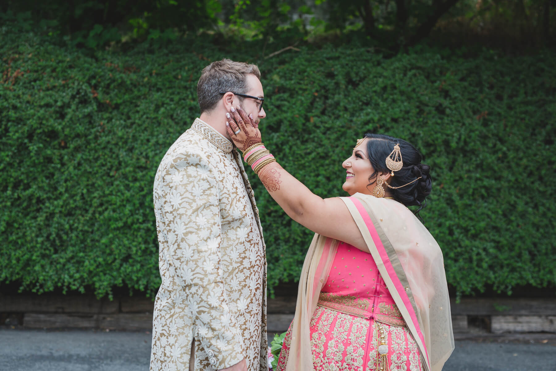 bride and groom first look, fusion wedding in vancouver