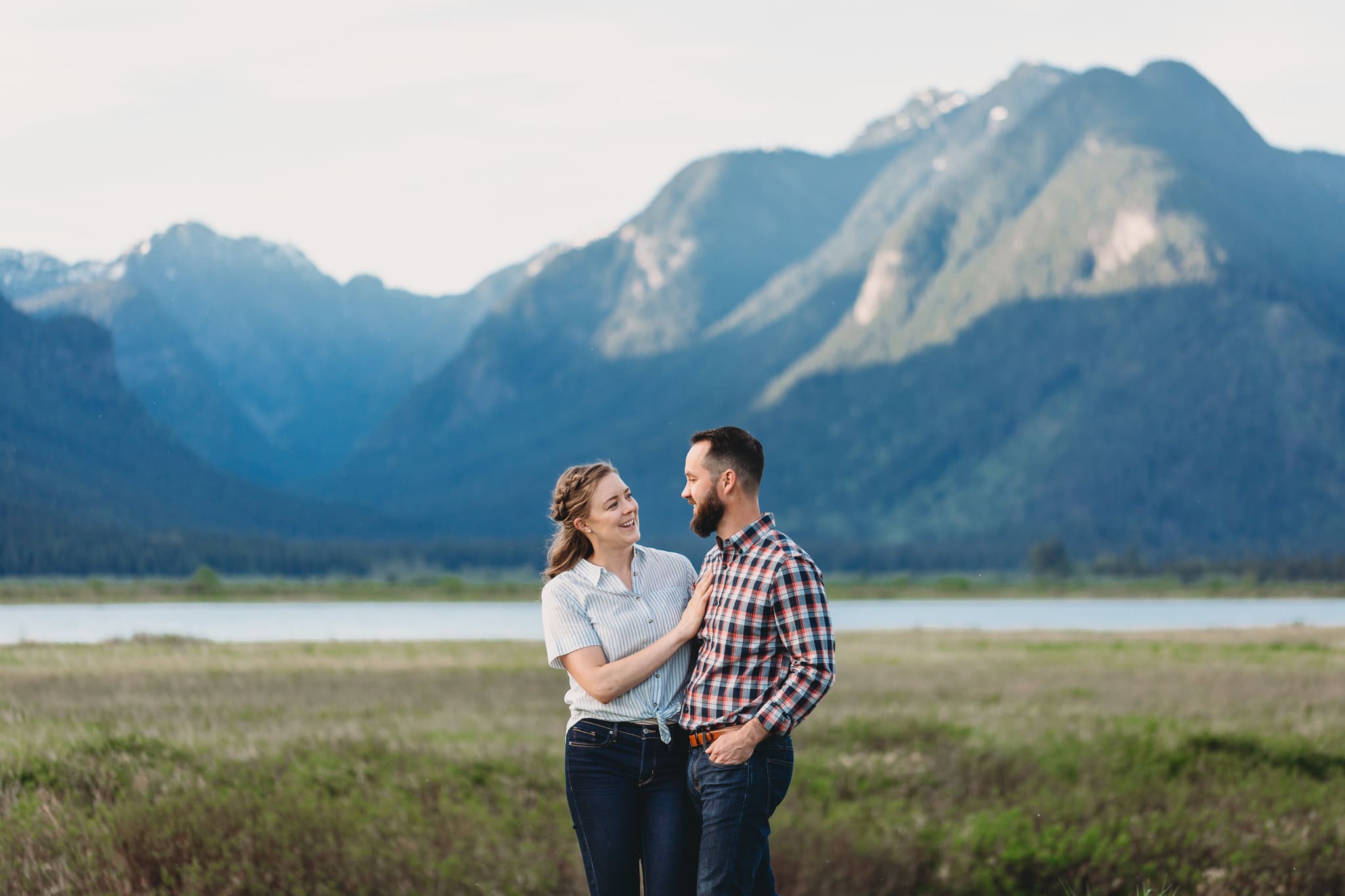 pitt lake engagement photos with mountain backdrop