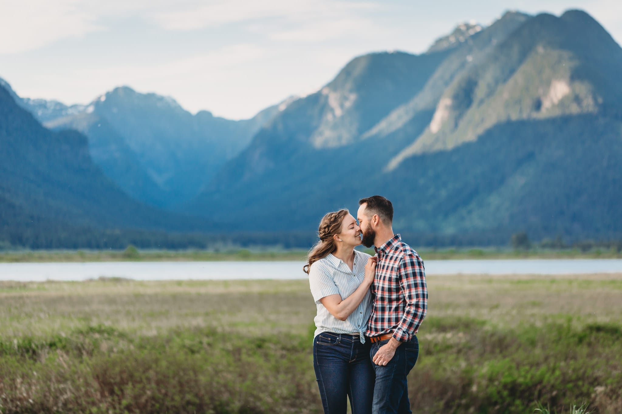 pitt lake couples session with mountain backdrop