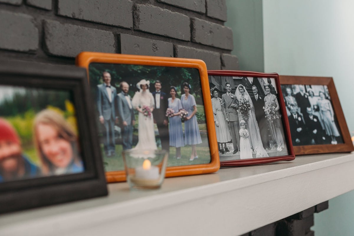 family photo display at wedding