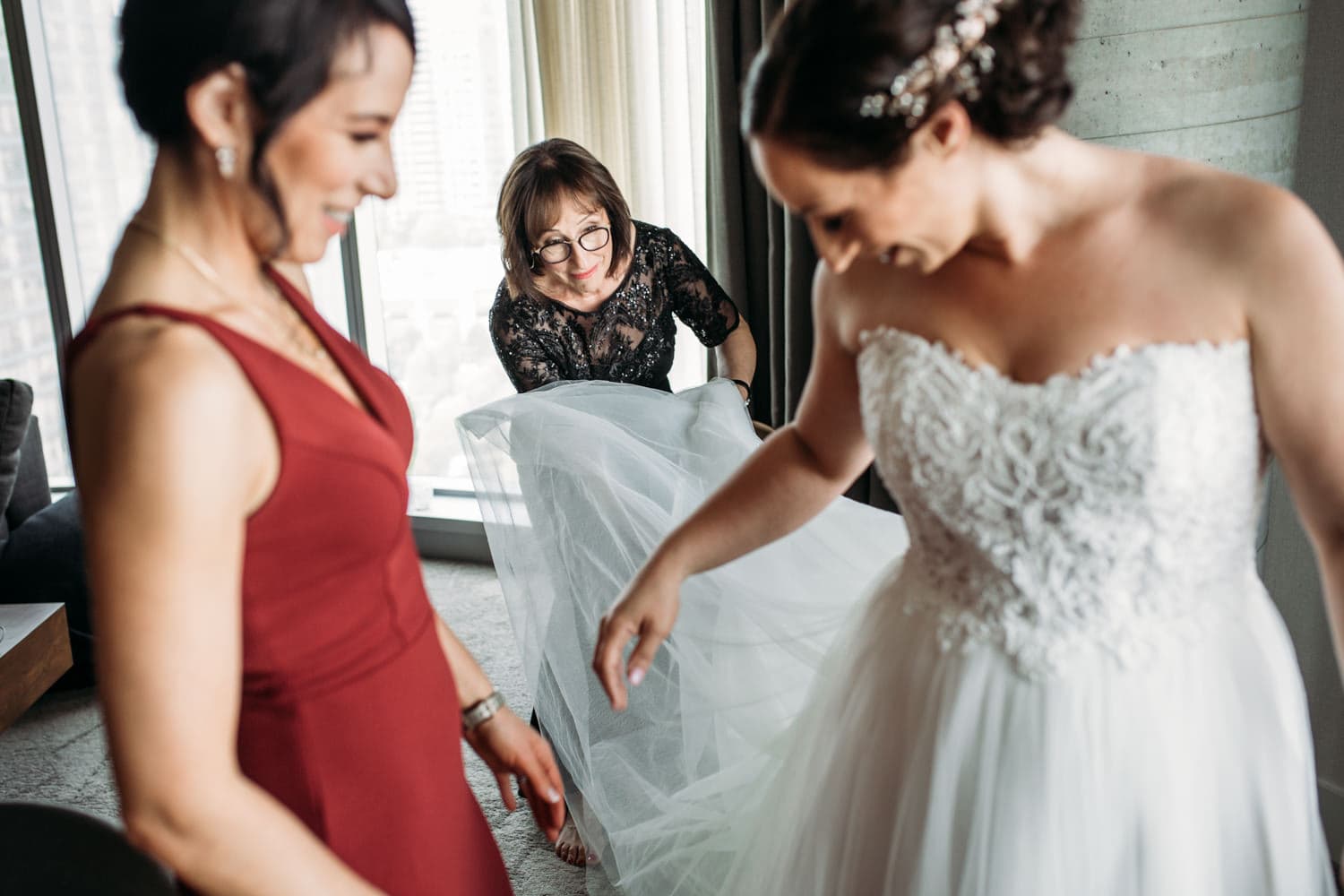 lgbtq wedding at parq hotel vancouver, bride's mom helping bride get ready
