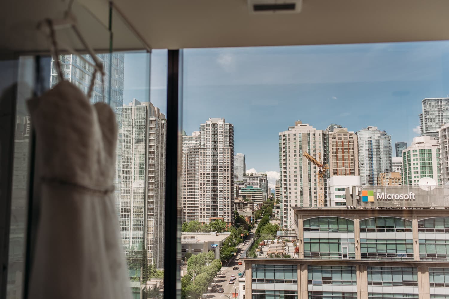 wedding dress hanging at the Douglas hotel in Vancouver
