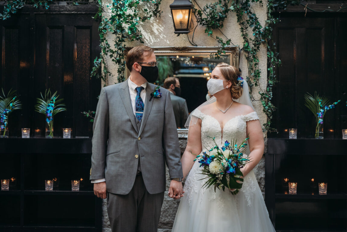 wedding couple in masks at covid wedding in Vancouver